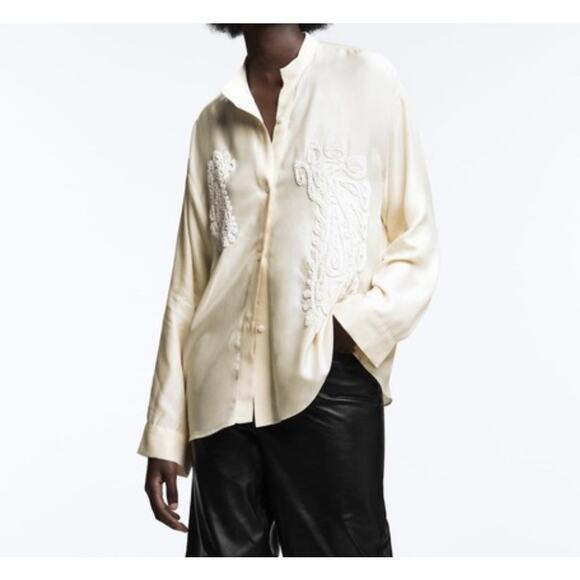 Zara Cream Beaded Asymmetric Button Front Blouse - Picture 1 of 8